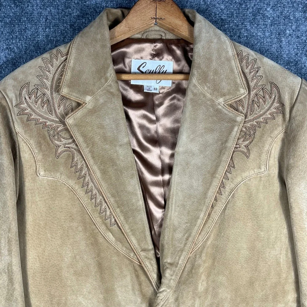 Scully Western‎ Blazer Mens 40 Tan Suede Leather Embroidered Sport Coat Jacket